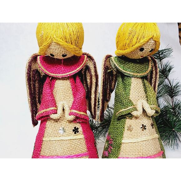 Two Vintage 1970's Christmas Angel Tree Topper Cardboard Cone Burlap MCM 9 1/2” - Picture 1 of 7